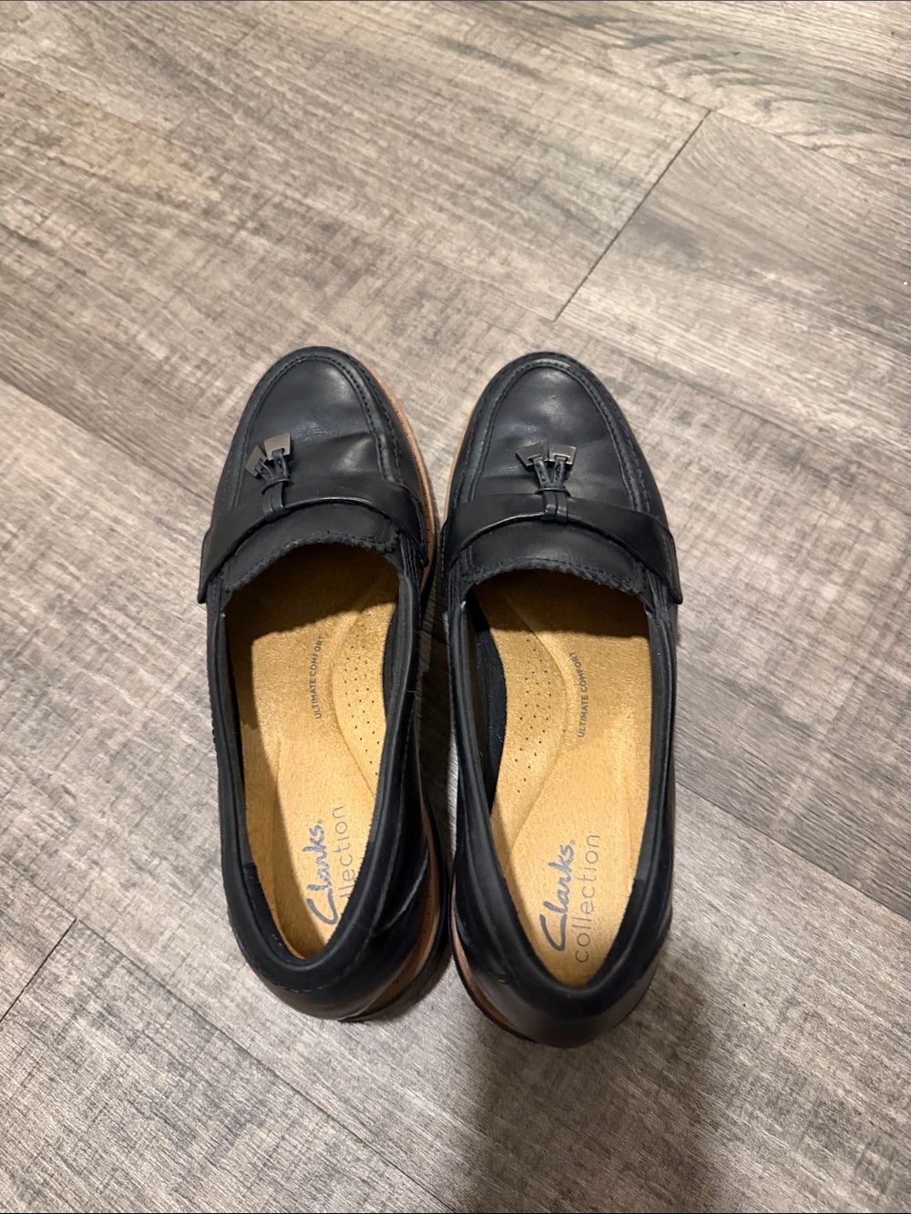 Clarks women Black Leather Tassel Penny Loafers